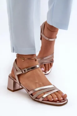 Buty Sergio Leone Sandały Damskie Na Niskim Obcasie Z Eko Skóry Sergio Leone SK046 Różowe Złoto Złoty