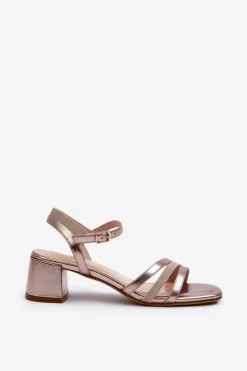 Buty Sergio Leone Sandały Damskie Na Niskim Obcasie Z Eko Skóry Sergio Leone SK046 Różowe Złoto Złoty