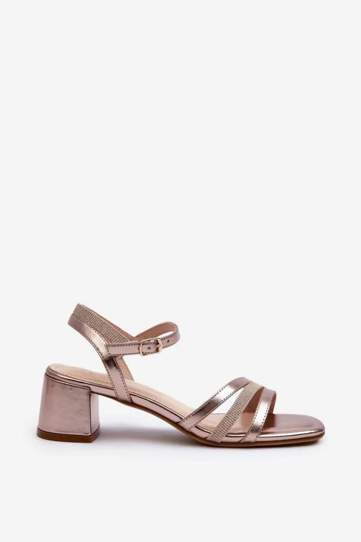 Buty Sergio Leone Sandały Damskie Na Niskim Obcasie Z Eko Skóry Sergio Leone SK046 Różowe Złoto Złoty