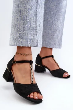 Clearance Buty damskie Vinceza Sandały Damskie Na Obcasie Klocku Z Ozdobnym Paskiem Eko Zamszowe Czarne Obivena