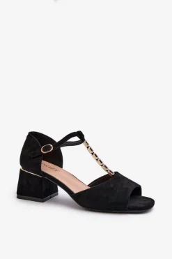 Clearance Buty damskie Vinceza Sandały Damskie Na Obcasie Klocku Z Ozdobnym Paskiem Eko Zamszowe Czarne Obivena