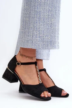 Clearance Buty damskie Vinceza Sandały Damskie Na Obcasie Klocku Z Ozdobnym Paskiem Eko Zamszowe Czarne Obivena