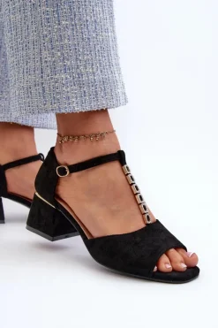 Clearance Buty damskie Vinceza Sandały Damskie Na Obcasie Klocku Z Ozdobnym Paskiem Eko Zamszowe Czarne Obivena