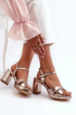 Evento Sandały Na Obcasie*Sandały Damskie Na Obcasie Słupku Eko Skórzane Złote Jatine