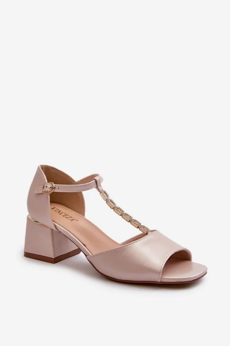 Sale Buty damskie Vinceza Sandały Damskie Na Obcasie Klocku Z Ozdobnym Paskiem Eko Skórzane Złote Obivena