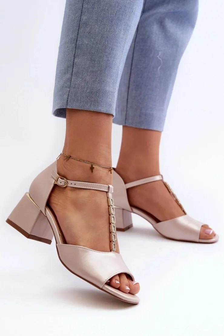 Sale Buty damskie Vinceza Sandały Damskie Na Obcasie Klocku Z Ozdobnym Paskiem Eko Skórzane Złote Obivena