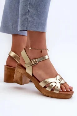 Damskie Evento Sandały Damskie Na Obcasie Z Eko Skóry Złote Assames