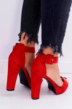 Damskie Boto Sandały Damskie Na Obcasie Słupku Zamsz Czerwone ShakeUp