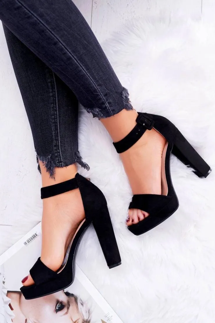 Damskie Boto Sandały Damskie Na Obcasie Słupku Zamsz Czarne ShakeUp