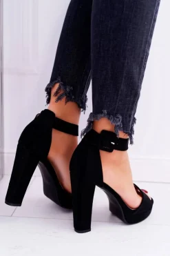 Damskie Boto Sandały Damskie Na Obcasie Słupku Zamsz Czarne ShakeUp