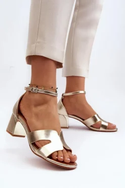 New Boto Sandały Damskie Na Obcasie Klocku Złote Irivana