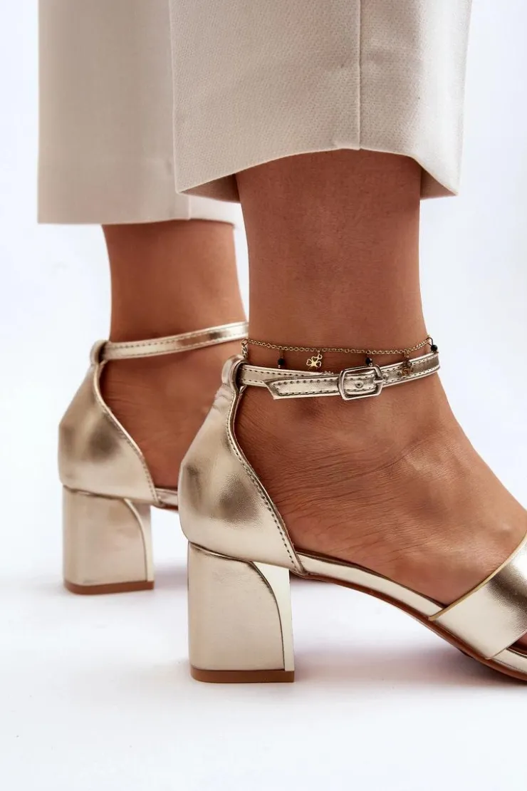 New Boto Sandały Damskie Na Obcasie Klocku Złote Irivana