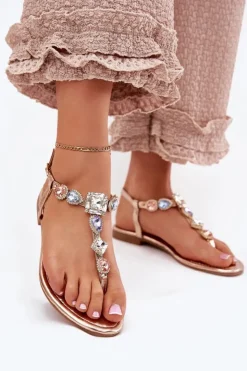 Damskie Boto Sandały Damskie Na Płaskim Obcasie Z Kryształkami Różowe Złoto Fiolalia