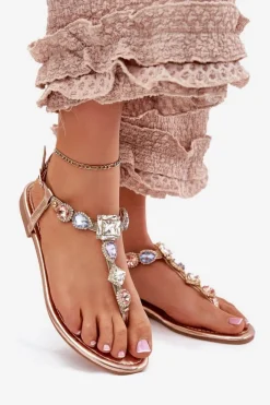 Damskie Boto Sandały Damskie Na Płaskim Obcasie Z Kryształkami Różowe Złoto Fiolalia