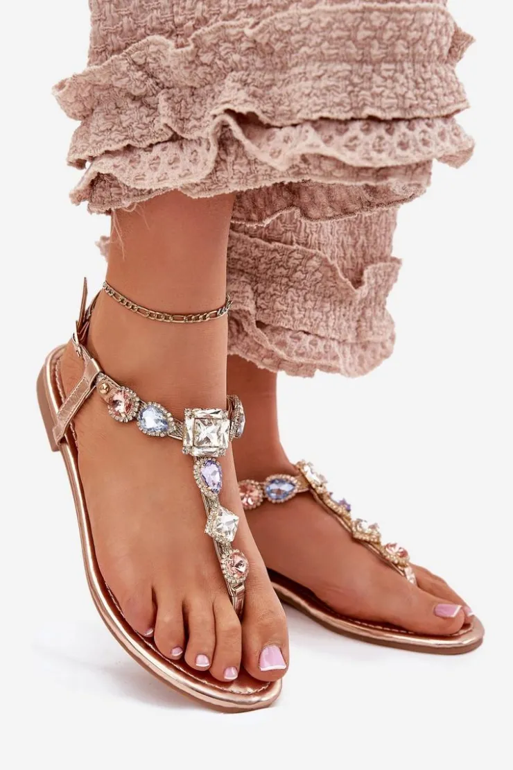 Damskie Boto Sandały Damskie Na Płaskim Obcasie Z Kryształkami Różowe Złoto Fiolalia