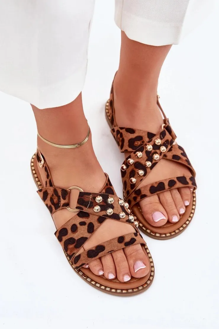 Damskie Boto Sandały Damskie Na Płaskim Obcasie Ze Złotymi Ćwiekami Panterka Zanira