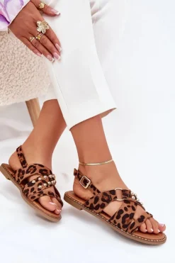 Damskie Boto Sandały Damskie Na Płaskim Obcasie Ze Złotymi Ćwiekami Panterka Zanira