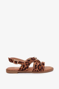 Damskie Boto Sandały Damskie Na Płaskim Obcasie Ze Złotymi Ćwiekami Panterka Zanira