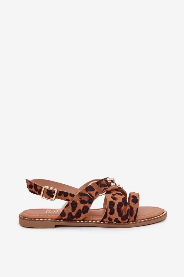 Damskie Boto Sandały Damskie Na Płaskim Obcasie Ze Złotymi Ćwiekami Panterka Zanira