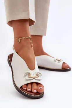 Boto Sandały Damskie Na Płaskim Obcasie Z Ozdobą Białe Loraeleh