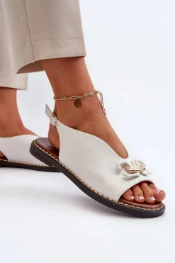 Boto Sandały Damskie Na Płaskim Obcasie Z Ozdobą Białe Loraeleh