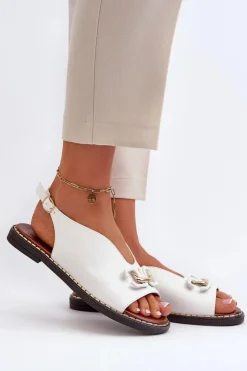 Boto Sandały Damskie Na Płaskim Obcasie Z Ozdobą Białe Loraeleh