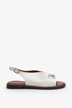 Boto Sandały Damskie Na Płaskim Obcasie Z Ozdobą Białe Loraeleh