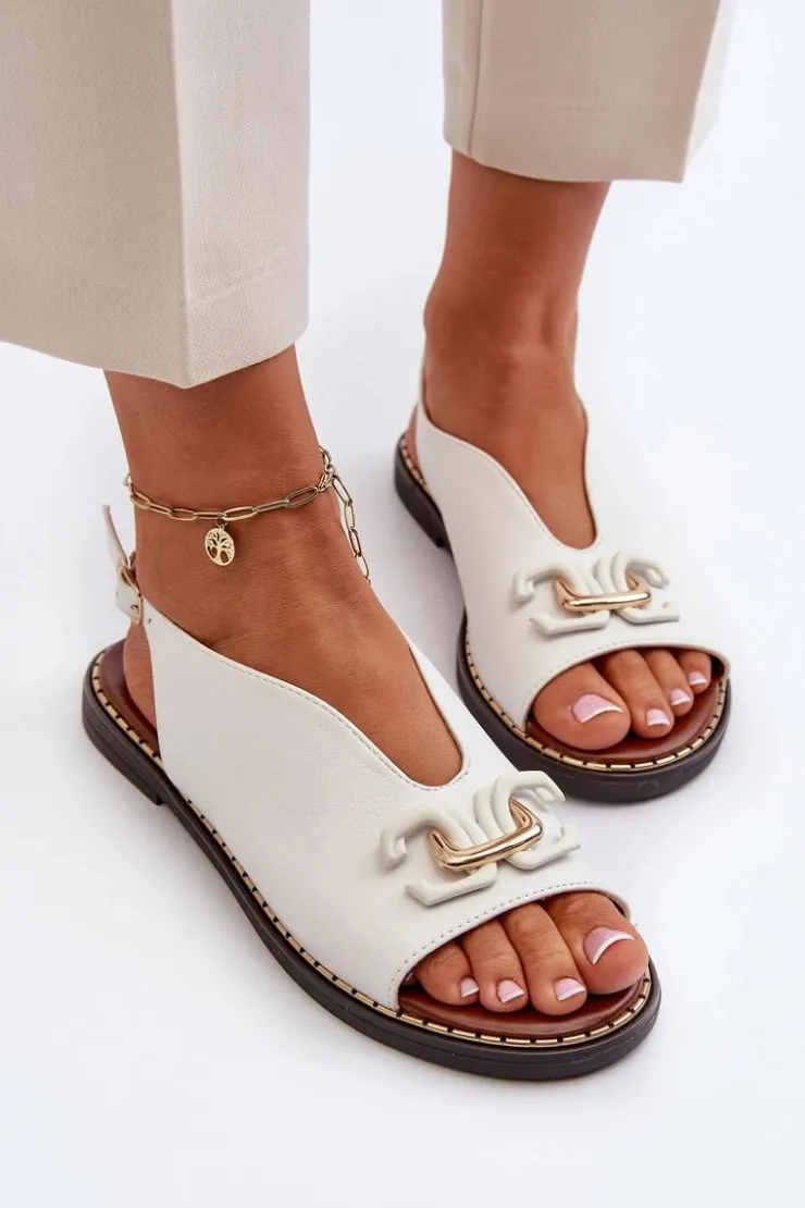 Boto Sandały Damskie Na Płaskim Obcasie Z Ozdobą Białe Loraeleh