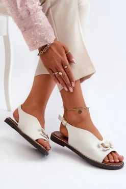 Boto Sandały Damskie Na Płaskim Obcasie Z Ozdobą Białe Loraeleh