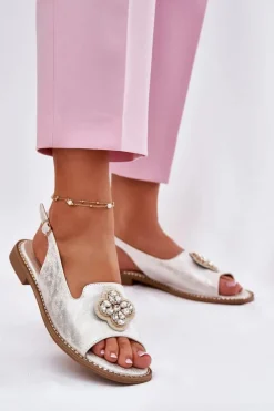 Damskie Damskie buty S.Barski Sandały Damskie Na Płaskim Obcasie Z Ozdobnym Detalem S.Barski KV51-080 Srebrne