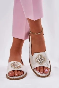 Damskie Damskie buty S.Barski Sandały Damskie Na Płaskim Obcasie Z Ozdobnym Detalem S.Barski KV51-080 Srebrne