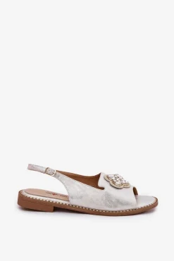 Damskie Damskie buty S.Barski Sandały Damskie Na Płaskim Obcasie Z Ozdobnym Detalem S.Barski KV51-080 Srebrne