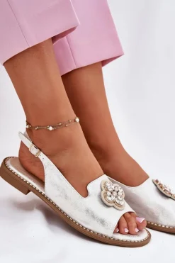 Damskie Damskie buty S.Barski Sandały Damskie Na Płaskim Obcasie Z Ozdobnym Detalem S.Barski KV51-080 Srebrne