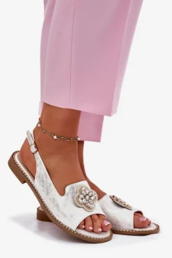 Damskie Damskie buty S.Barski Sandały Damskie Na Płaskim Obcasie Z Ozdobnym Detalem S.Barski KV51-080 Srebrne