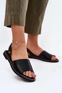 Damskie Evento Sandały Damskie Na Płaskim Obcasie Eko Skórzane Czarne Dereka