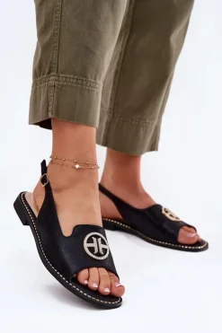 Damskie buty S.Barski Sandały Damskie Na Płaskim Obcasie Z Ozdobą S.Barski KV51-002 Czarne Czarny