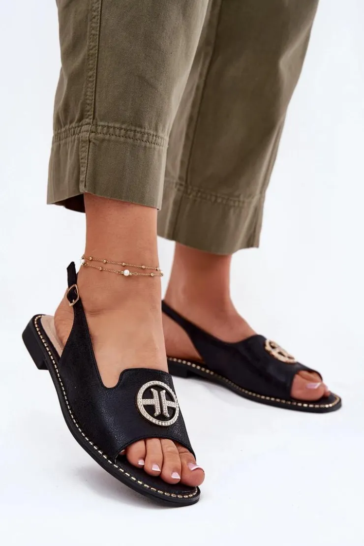 Damskie buty S.Barski Sandały Damskie Na Płaskim Obcasie Z Ozdobą S.Barski KV51-002 Czarne Czarny