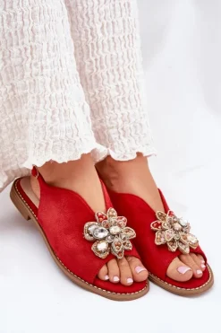 Online Damskie buty S.Barski Sandały Damskie Na Płaskim Obcasie Z Ozdobą S.Barski KV27-001 Czerwone Czerwony