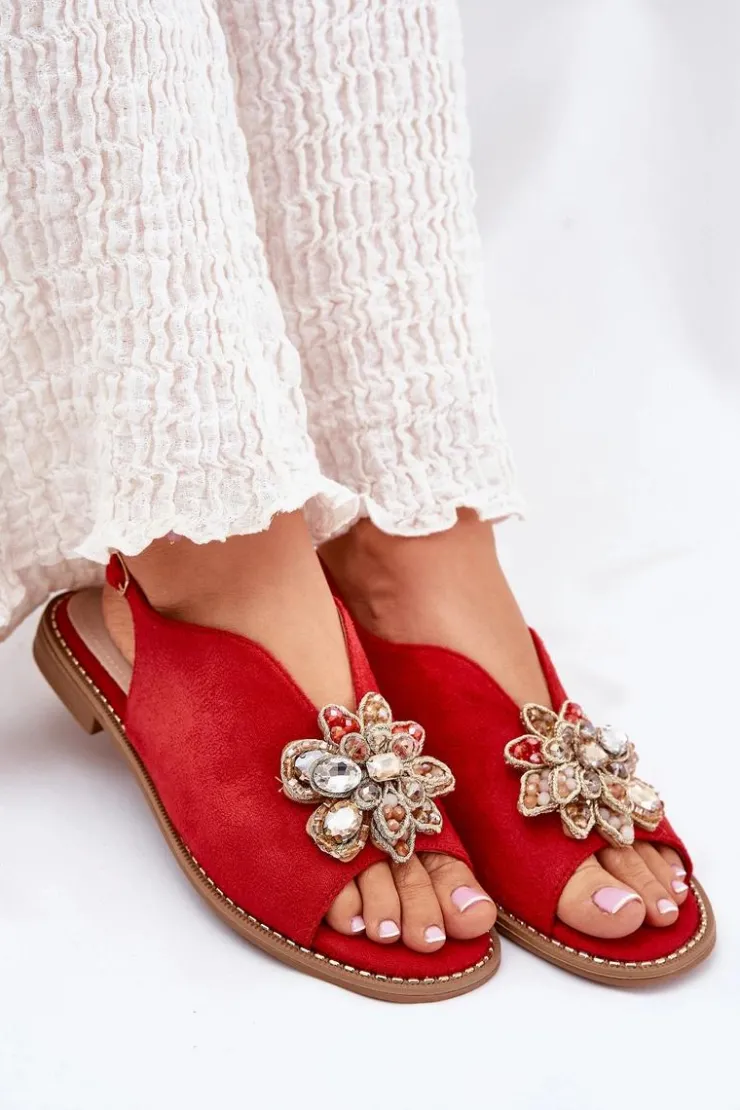 Online Damskie buty S.Barski Sandały Damskie Na Płaskim Obcasie Z Ozdobą S.Barski KV27-001 Czerwone Czerwony