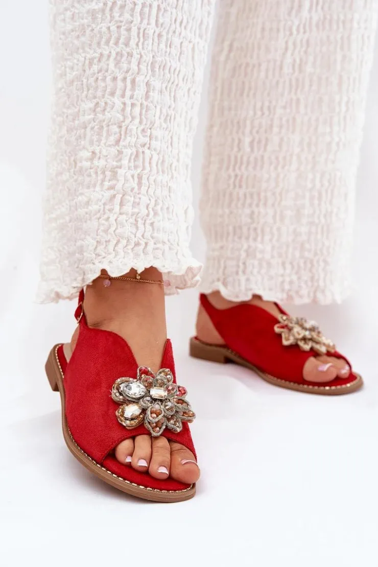Online Damskie buty S.Barski Sandały Damskie Na Płaskim Obcasie Z Ozdobą S.Barski KV27-001 Czerwone Czerwony