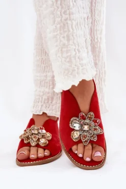 Online Damskie buty S.Barski Sandały Damskie Na Płaskim Obcasie Z Ozdobą S.Barski KV27-001 Czerwone Czerwony