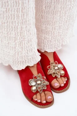 Online Damskie buty S.Barski Sandały Damskie Na Płaskim Obcasie Z Ozdobą S.Barski KV27-001 Czerwone Czerwony