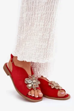 Online Damskie buty S.Barski Sandały Damskie Na Płaskim Obcasie Z Ozdobą S.Barski KV27-001 Czerwone Czerwony