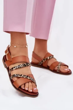 Outlet Buty Sergio Leone Sandały Damskie Na Płaskim Obcasie Z Paskami Panterka Sergio Leone SK086H Camel