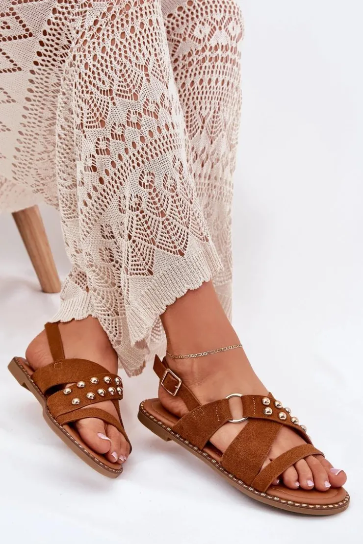 Discount Boto Sandały Damskie Na Płaskim Obcasie Ze Złotymi Ćwiekami Camel Zanira Brązowy