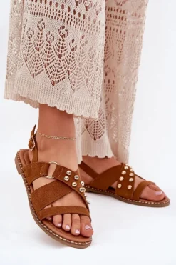 Discount Boto Sandały Damskie Na Płaskim Obcasie Ze Złotymi Ćwiekami Camel Zanira Brązowy