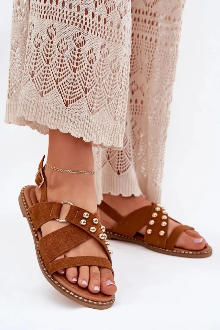 Discount Boto Sandały Damskie Na Płaskim Obcasie Ze Złotymi Ćwiekami Camel Zanira Brązowy