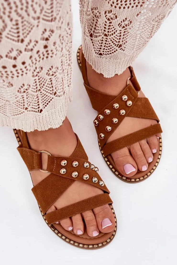 Discount Boto Sandały Damskie Na Płaskim Obcasie Ze Złotymi Ćwiekami Camel Zanira Brązowy