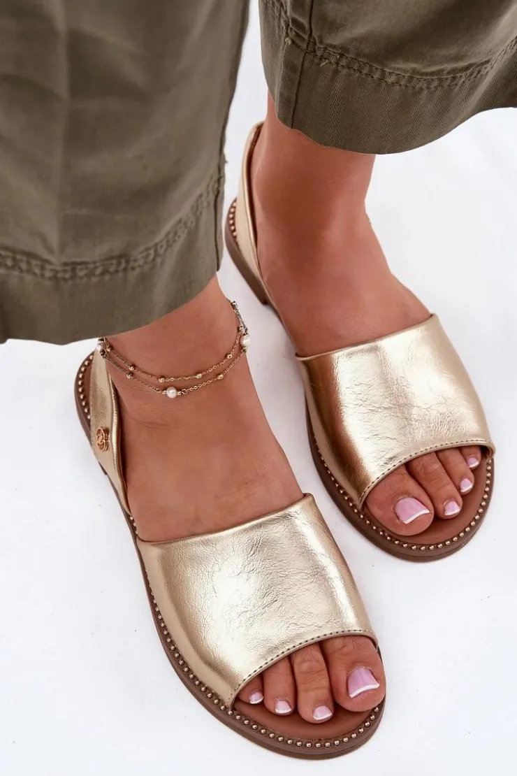 Evento Sandały Płaskie*Sandały Damskie Na Płaskim Obcasie Eko Skórzane Złote Dereka Złoty