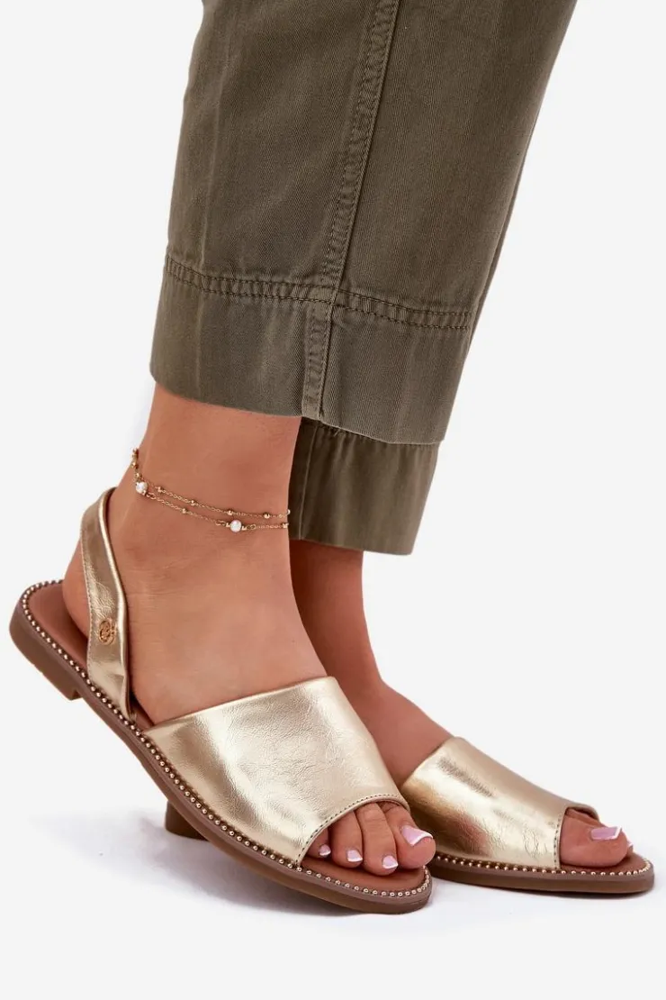 Evento Sandały Płaskie*Sandały Damskie Na Płaskim Obcasie Eko Skórzane Złote Dereka Złoty